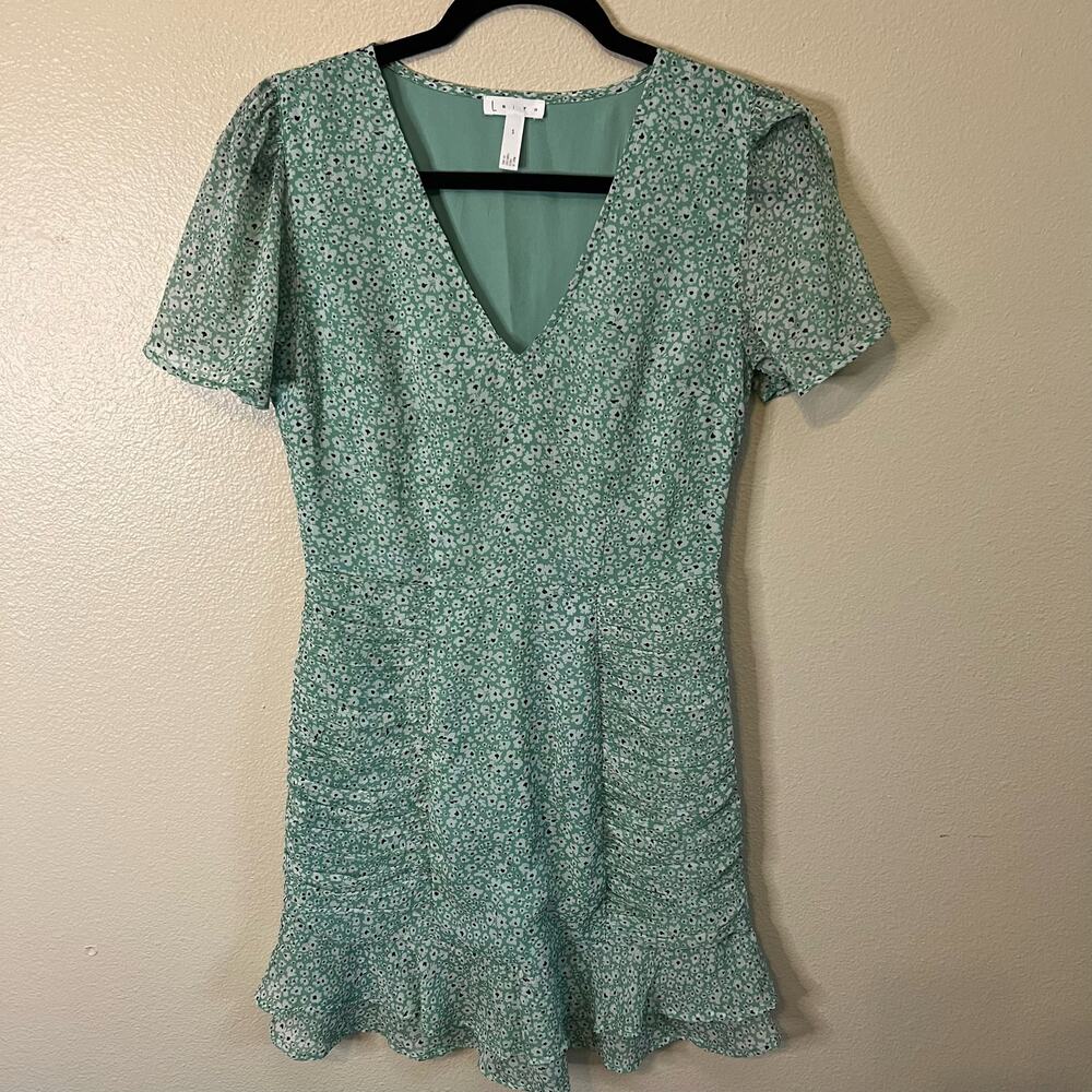 Leith Anthropologie Green and White Floral Ruched Dress Size S
